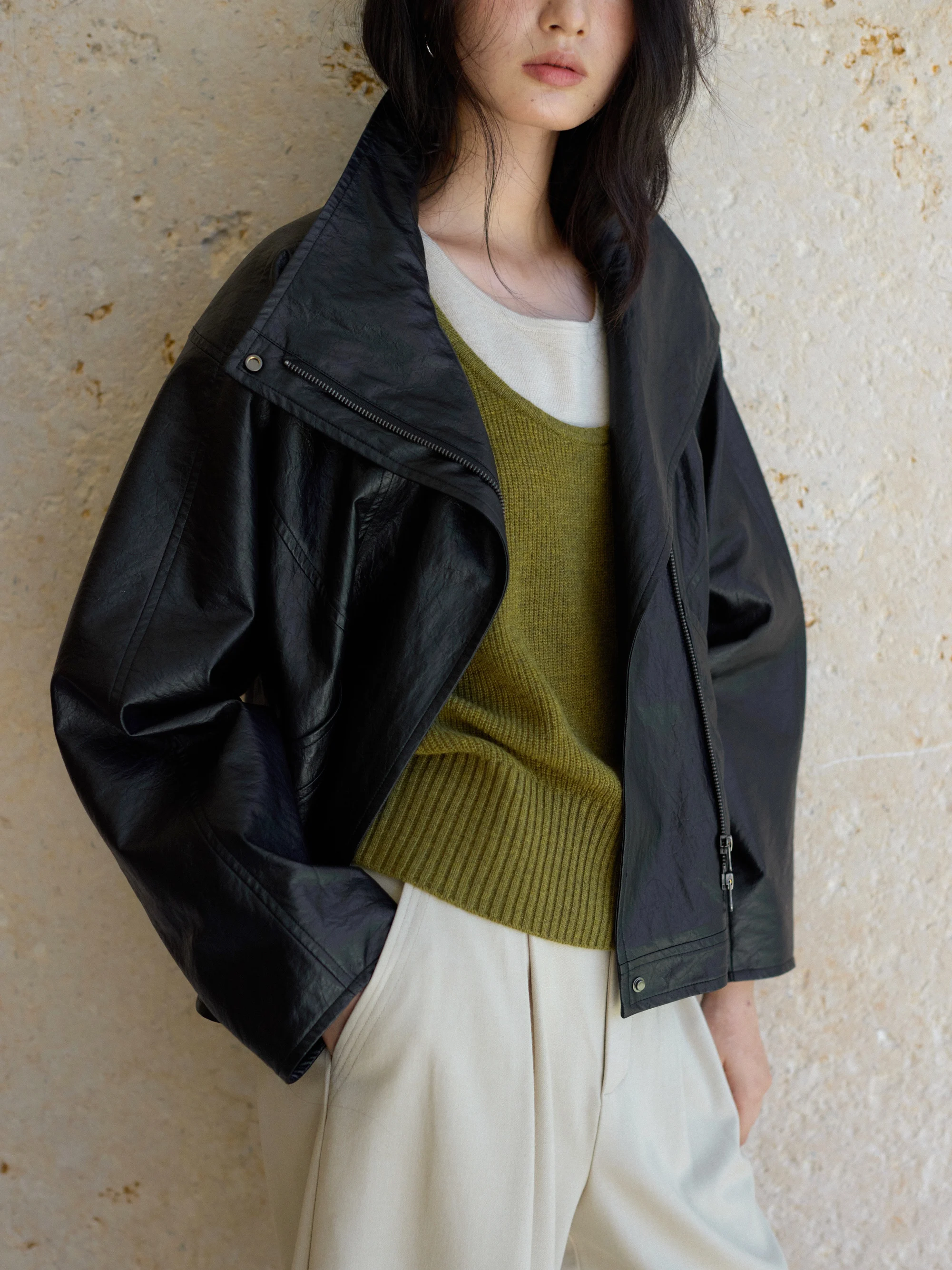 Early Autumn New Arrival Bla ort Stand Collar Leather Jaet Versatile Cool Sle Wood ain Design Commute Friendly Zipper