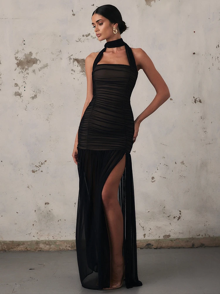 เดรสยาวรัดรูปผ้าตาข่ายซีทรูแบบผูกคอ สไตล์เซ็กซี่สำหรับฤดูใบไม้ผลิ เหมาะสำหรับงานปาร์ตี้ตอนเย็น งานกลางคืน และชุดเที่ยวพักผ่อน