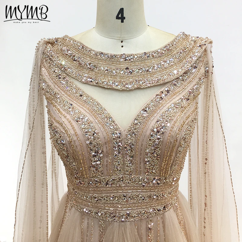 MYMB Arabic Gold A-Line Custom Made Celebrity Evening Dresses with Cape Sleeves Glitter Sequins Tulle Wedding Party Gown DKN3114