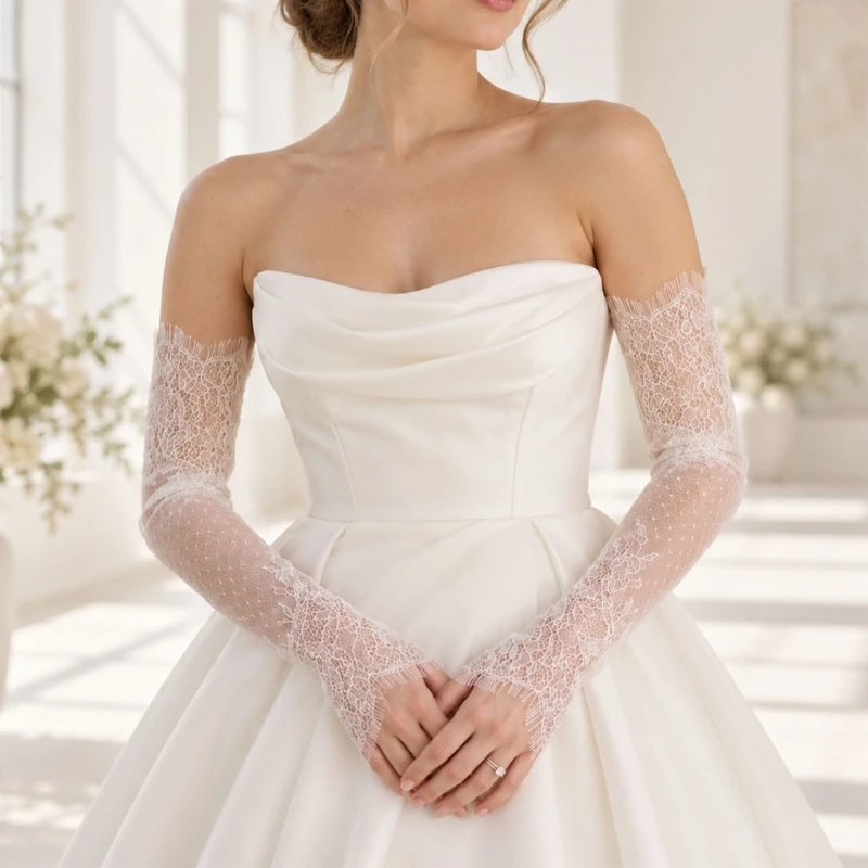 White Nylon Long Sheer Mesh Arm Sleeves with Stretchy Fabric and Lace Detail for Wedding Ceremony Bride Styling and Photography
