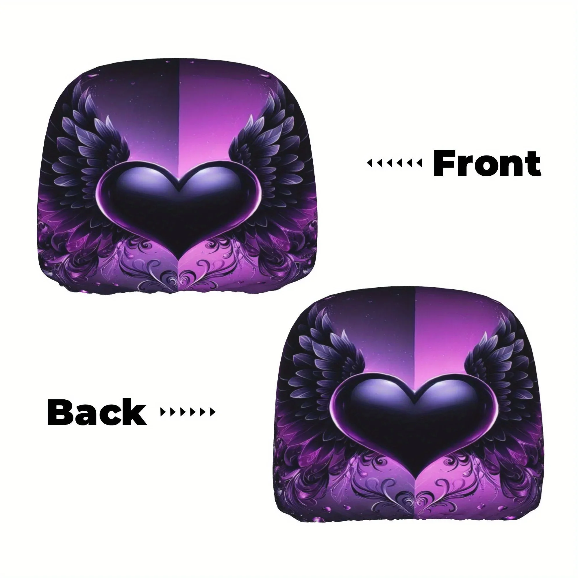 2Pcs Purple Heart With Wings Print Premium Headrest Covers Stylish Cover Additions Durable Polyester Car Headrest Protectors