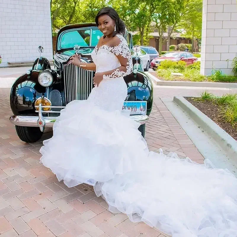 Customized New Styles Long Sleeves Ruffle African Mermaid Wedding Dresses Organza Beads Sheer Bride Dress Lace Big Train Wedding