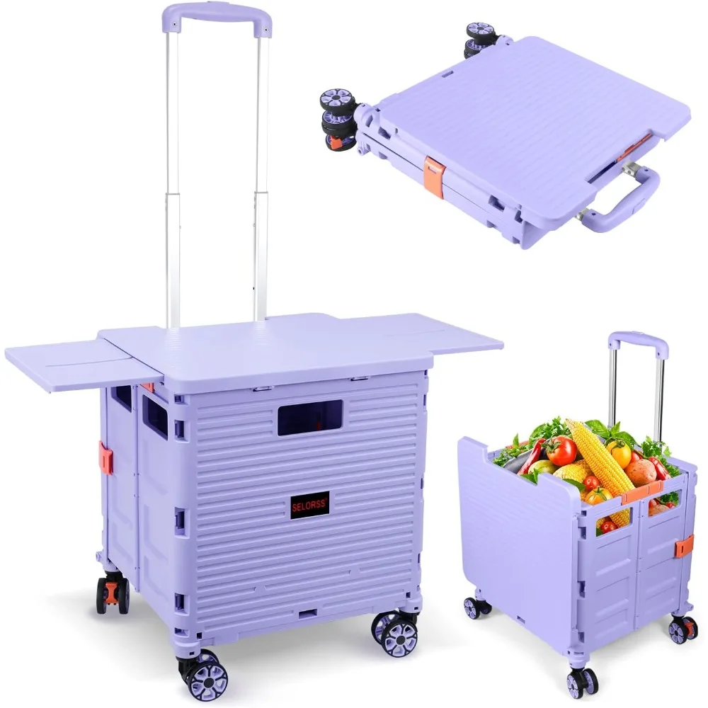 Foldable Utility Cart Collapsible Portable Crate Rolling Carts with Wheels Tote Basket with Magnetic Lid Telescopic Cover