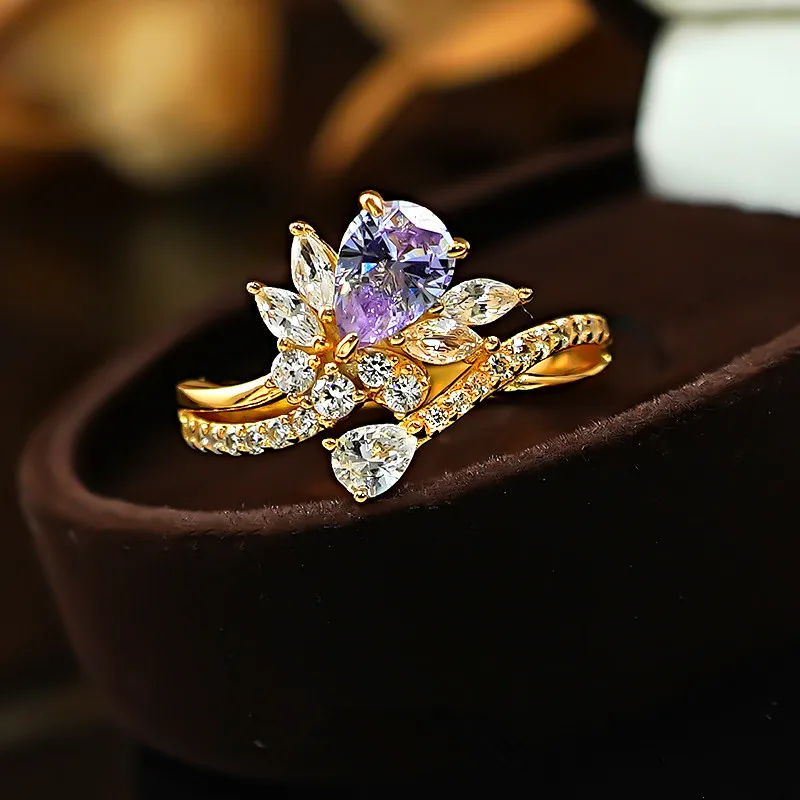 Luxury 24K 9999 Pure Gold real gold Water Drop Bauhinia Women's Moissanite Ring