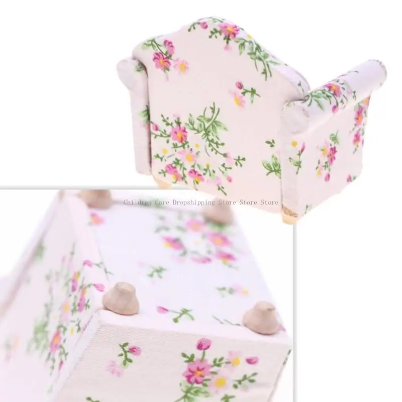 소형 나무 소파 1/12 인형 집 장식 꽃 패턴 디자인 싱글 소파 입상 장면 디스플레이 가구