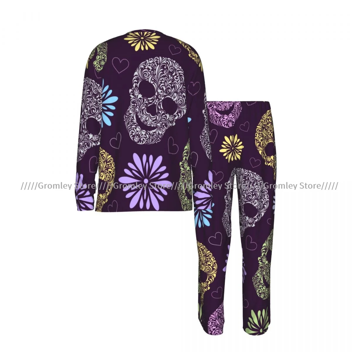 Men's Pajamas Set Abstract Floral Skulls Pattern Long Sleeve Top & Long Pants Sleep Set