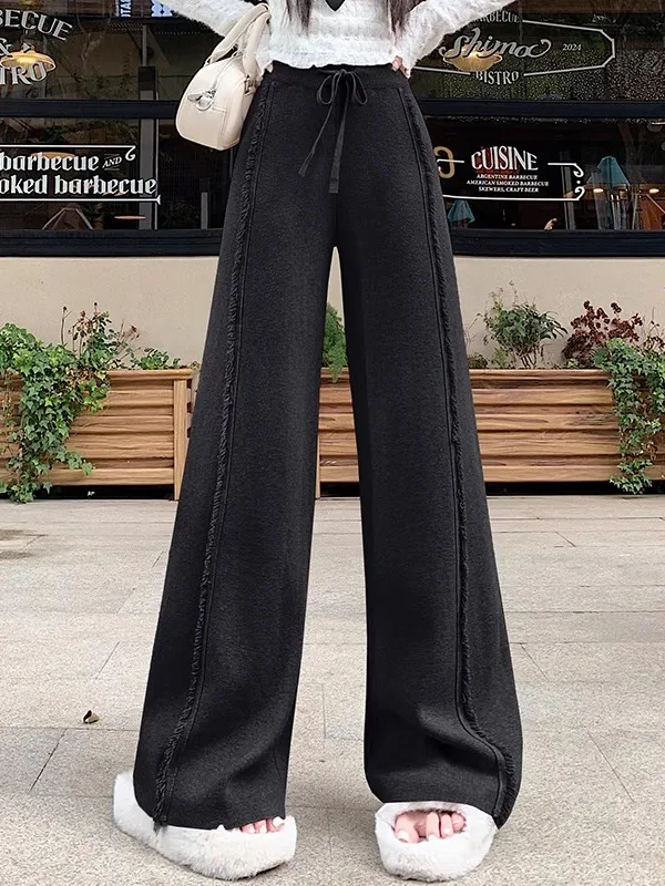 Pantalon large en tricot à franges pour femmes, taille haute, élastique, décontracté, jambe droite, long, automne-hiver, nouveau, longueur au sol