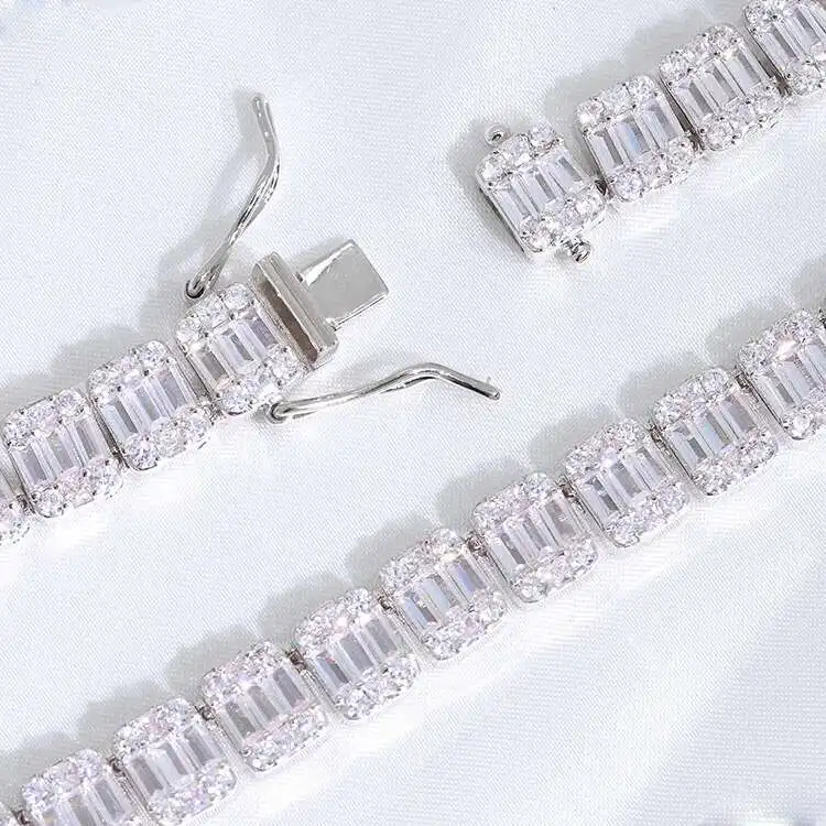 

Fashion Design 9mm Width Hip Hop Chain S925 Sterling Silver Baguette Vvs Moissanite Diamond Chain for Necklace Jewelry