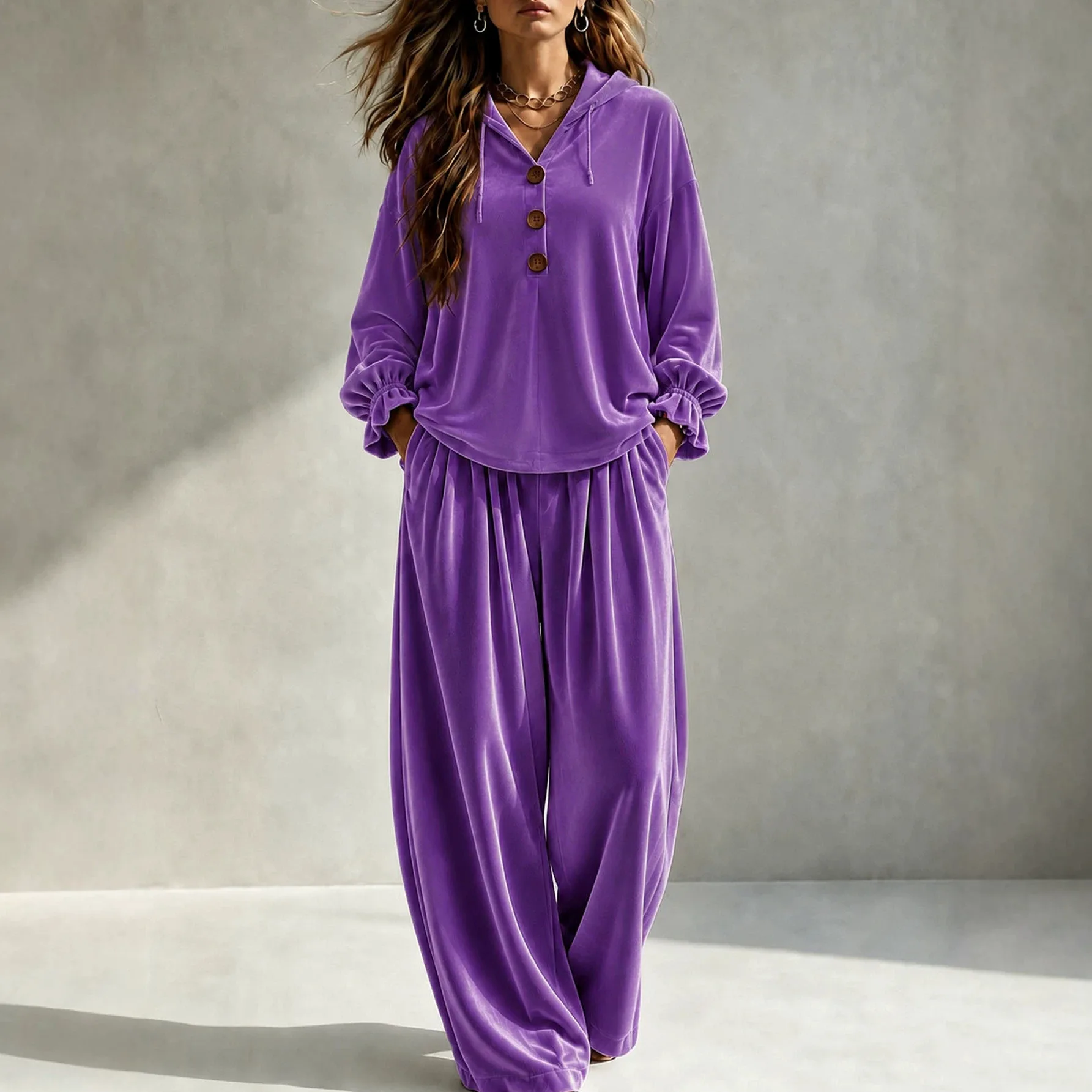 Anno's Self-developed 2026 Women's Fashion Random Velvet Long-sleeve Long Pants. Two-piece Set Femme Prom Beach Vestidos