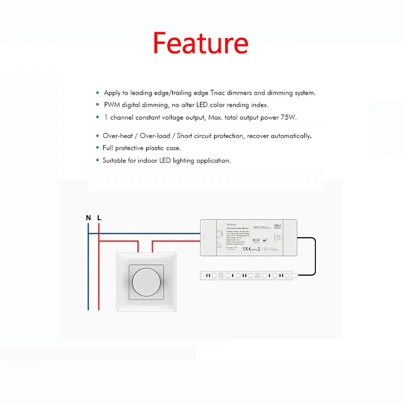 75 Вт, 12 В/24 В, триак, постоянное напряжение, светодиодный драйвер с регулируемой яркостью, ELV/AC, Push-dim, ШИМ, цифровое затемнение, безопасная защита для внутреннего светодиодного освещения