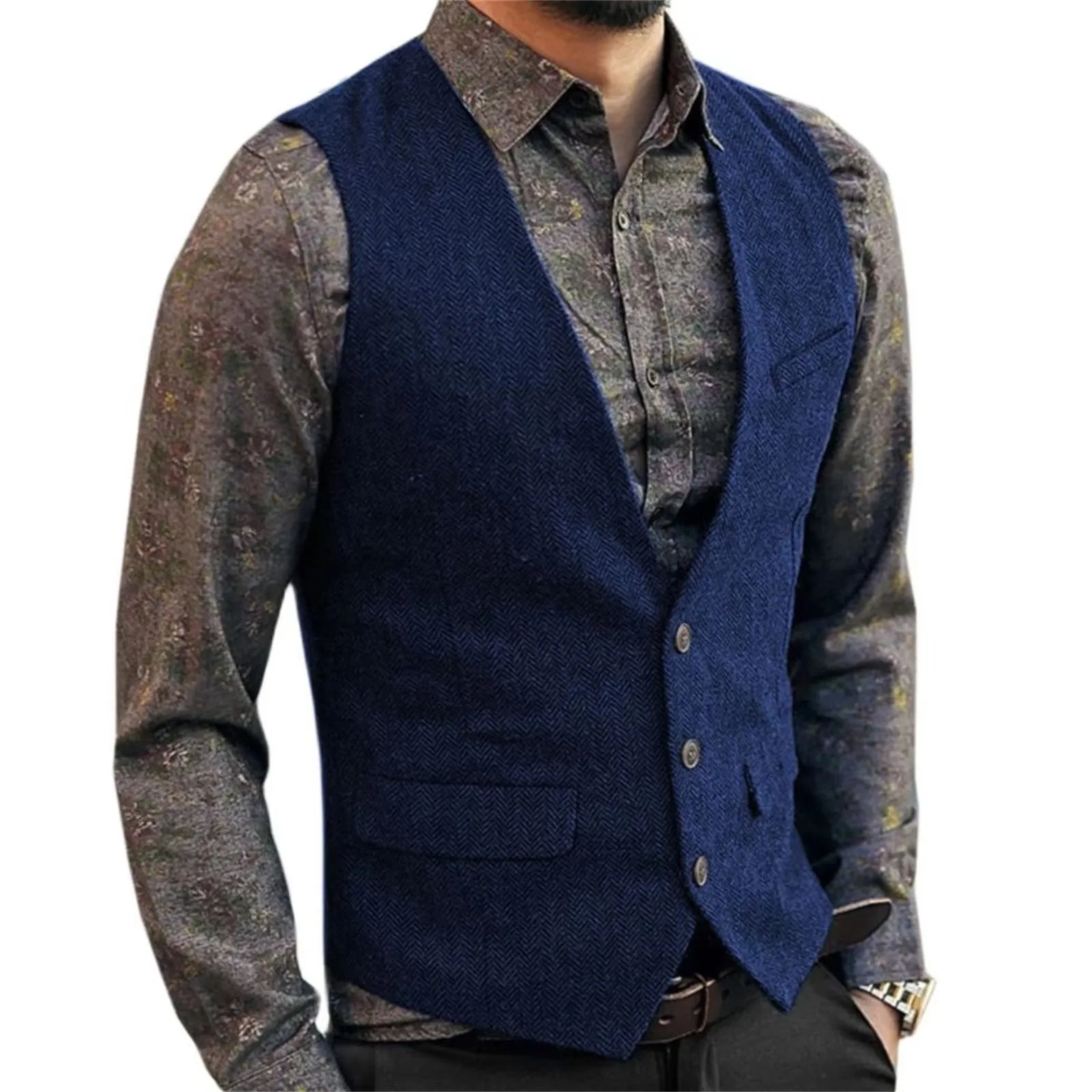 Chaleco de traje de Tweed en espiga para hombre, chaleco ajustado con una hilera de botones, ropa de novio de talla grande, chaleco de padrino de boda personalizado