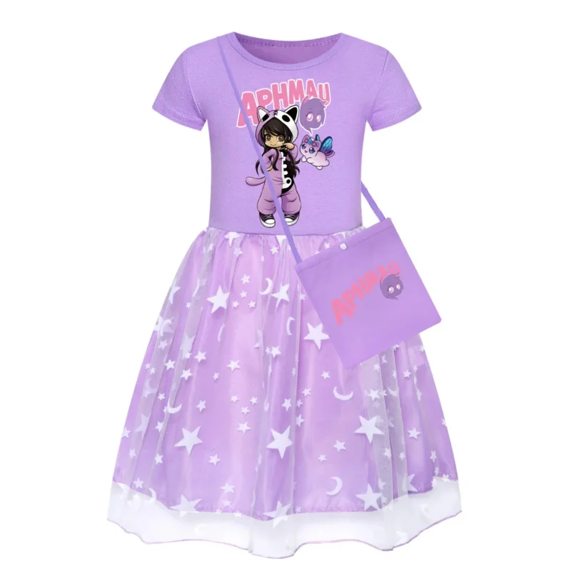 Aphmau 2024 game dress kids cartoon short sleeve mesh casual dresses toddler girls elegant Princess vestidos baby girl clothes