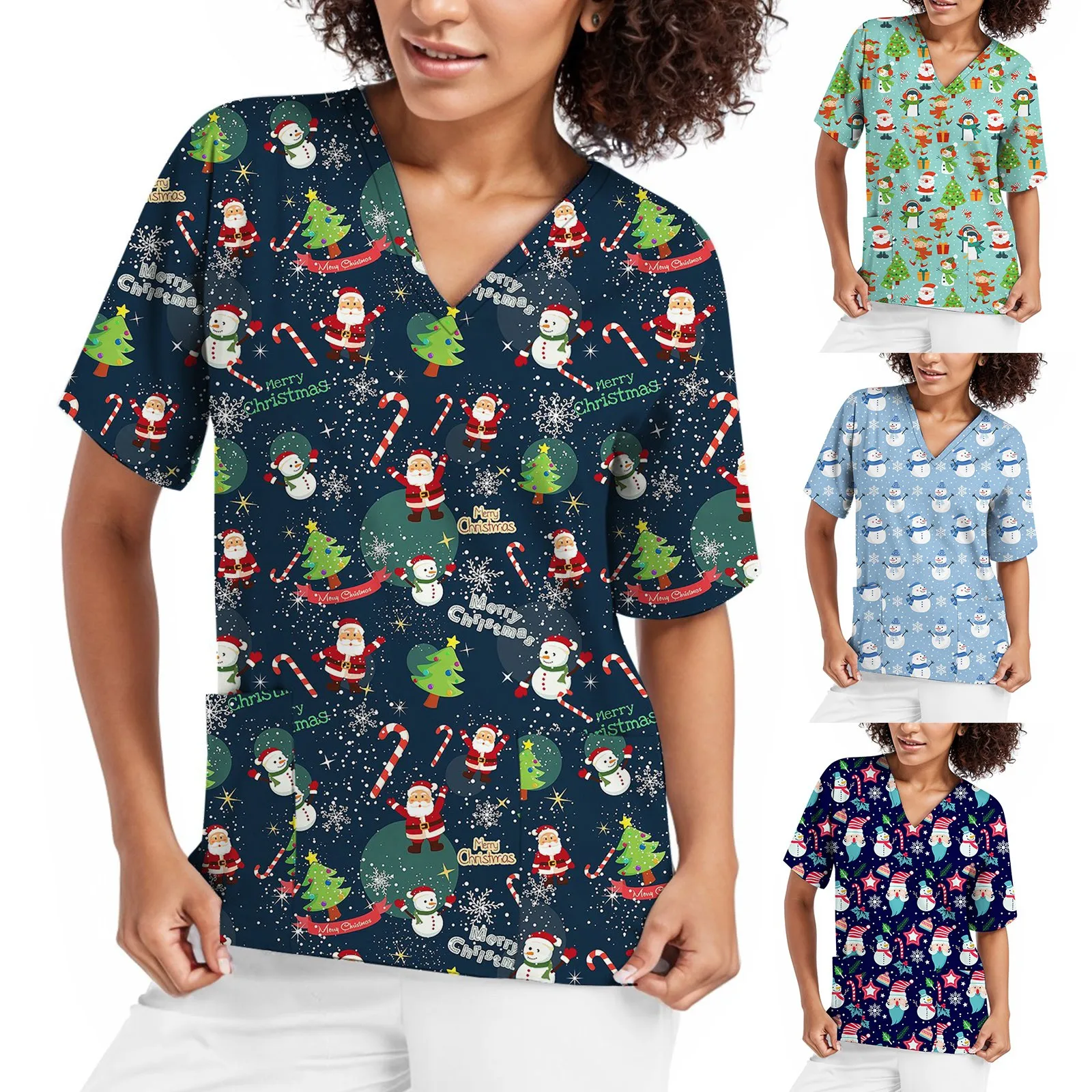 Mulheres Tops de Enfermagem de Natal, Uniforme de Trabalho, Blusa, Manga Curta, Decote V, Blusas Enfermeiras, Roupas de Enfermagem, Túnica