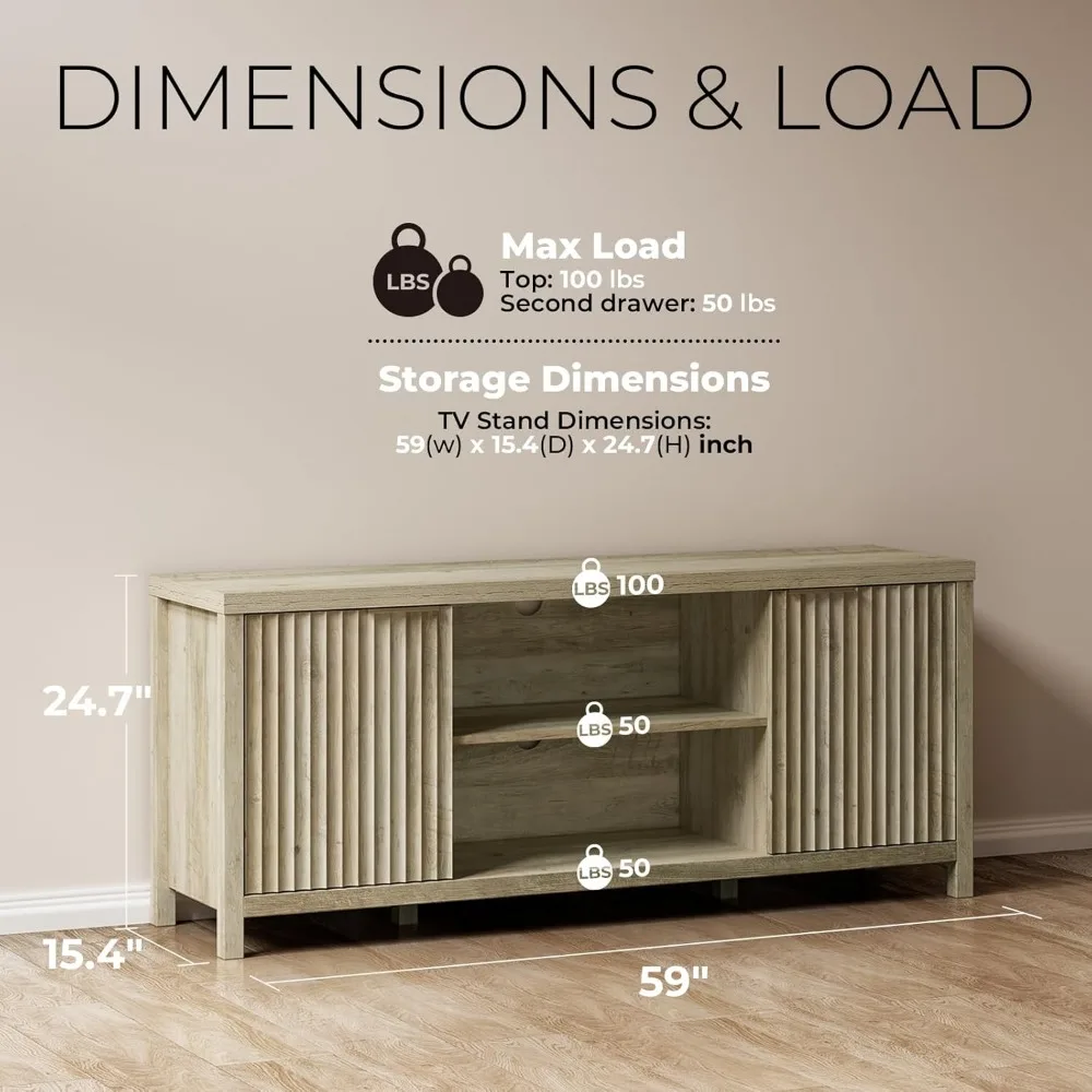 Рифленая подставка под телевизор с диагональю до 65 дюймов, развлекательный центр со шкафами для хранения и регулируемой полкой, современный Med середины века