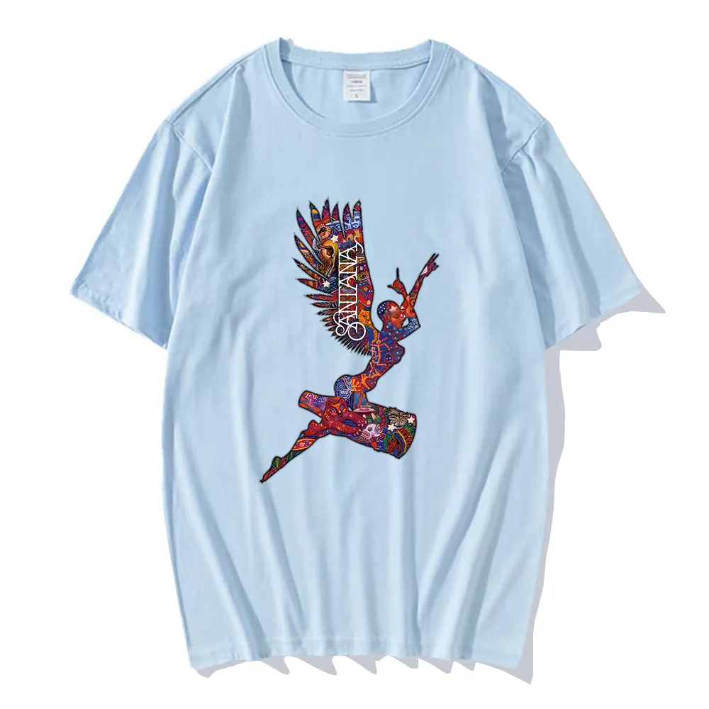 سوبر أبراكساس الملاك كارلوس سانتانا تي شيرت للجنسين الشارع الشهير ملابس بأكمام قصيرة موضة الرجال/النساء بلايز س الرقبة قميص مطبوع غير رسمي