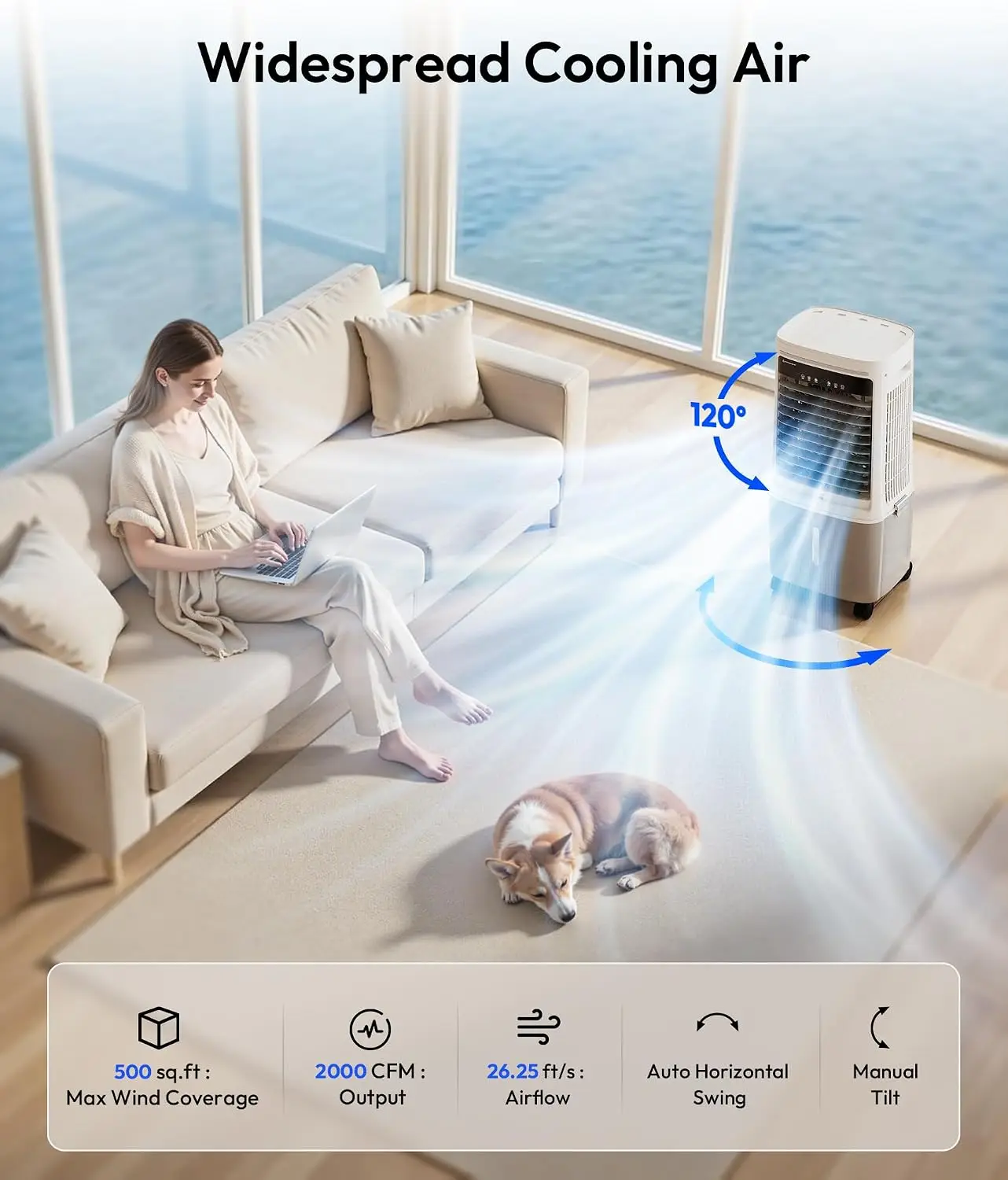 3-in-1 Portable Evaporative Air Cooler - 2000 CFM Swamp Cooler with 6.6-Gal Dual Tank & 4 Ice Packs, Remote Control, 12H