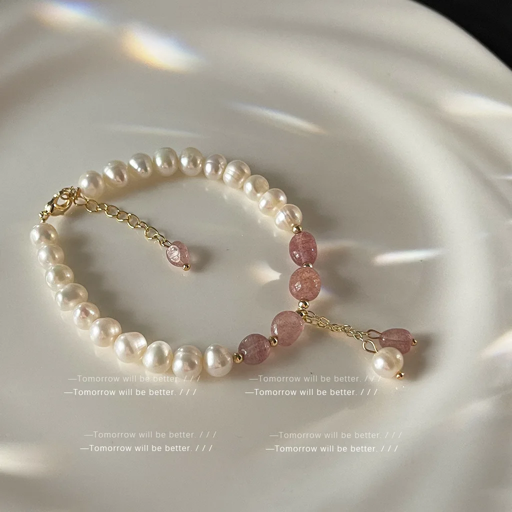 

Artisan Crafted Strawberry Quartz Pearl Bracelet Romantic Feminine Jewelry Unique Gift for Best Friend Women