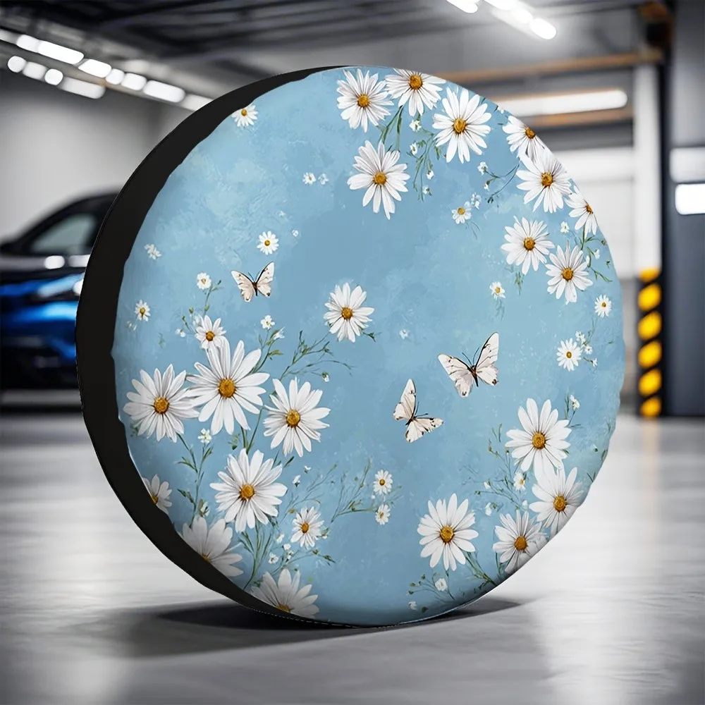 Soft Light Blue White Daisy Butterfly Pastel Floral Spare Tire Cover