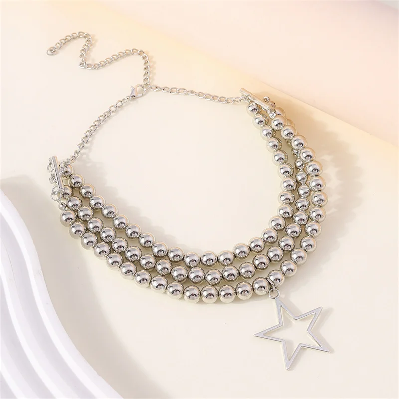 Aihua Mehrschichtige Perlenkette mit runden CCB-Kugeln für Damen, Statement-Halskette mit Sternanhänger, Choker, Y2K-Schmuckgeschenke – Detail 6