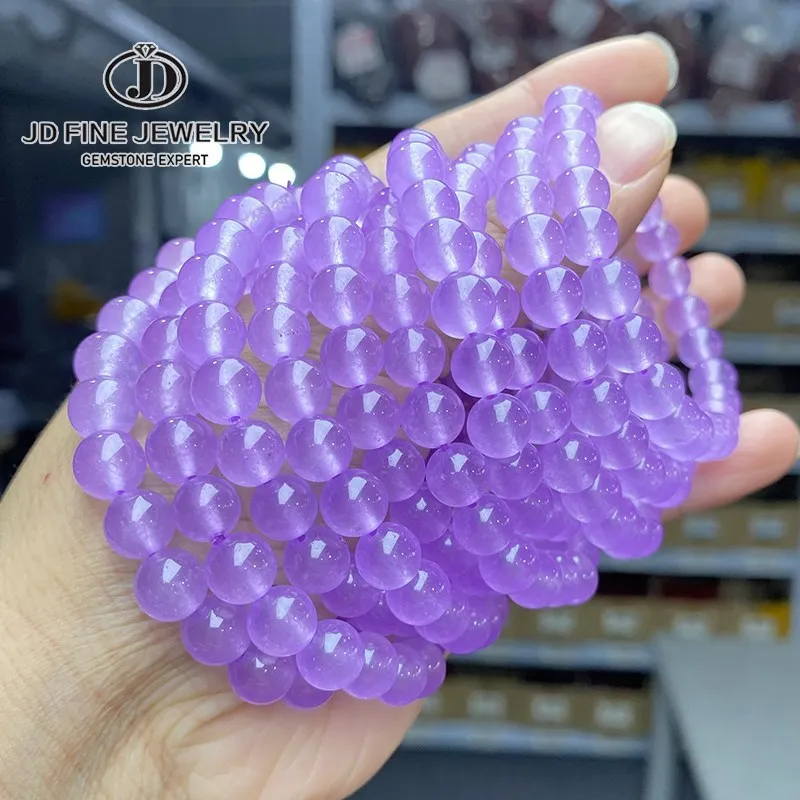 JD Gefärbtes Hochwertiges Lavendel-Chalcedon Rundes Perlenarmband Elegantes Vielseitiges Einzelkreis-Armband Yoga-Schmuck für Damen