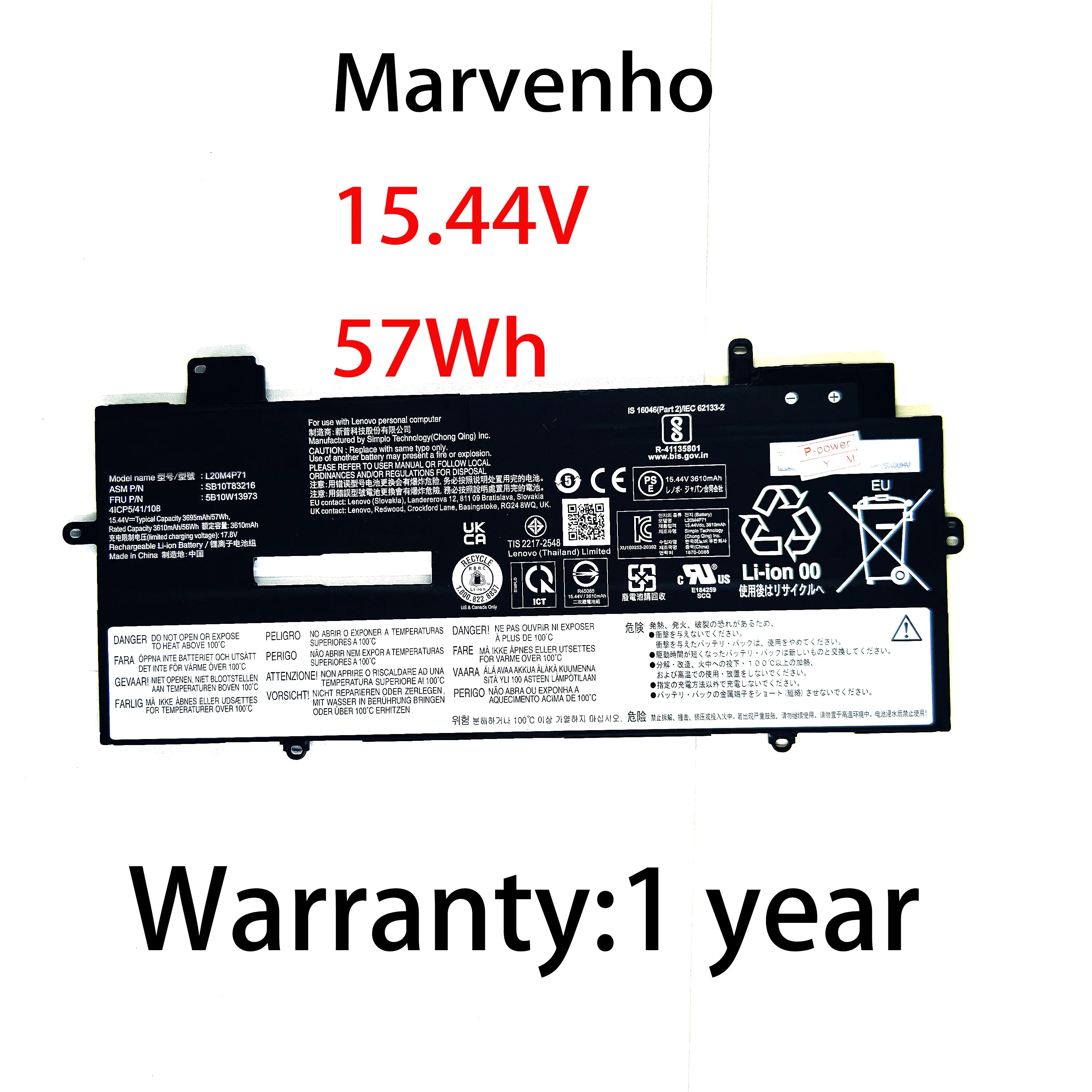 New Marvenho 57wh 15.44V 3695mah  L20M4P71 L20C4P71 L20D4P71 Laptop Battery For Lenovo ThinkPad X1 Carbon Gen 9 2021 G9-20XW