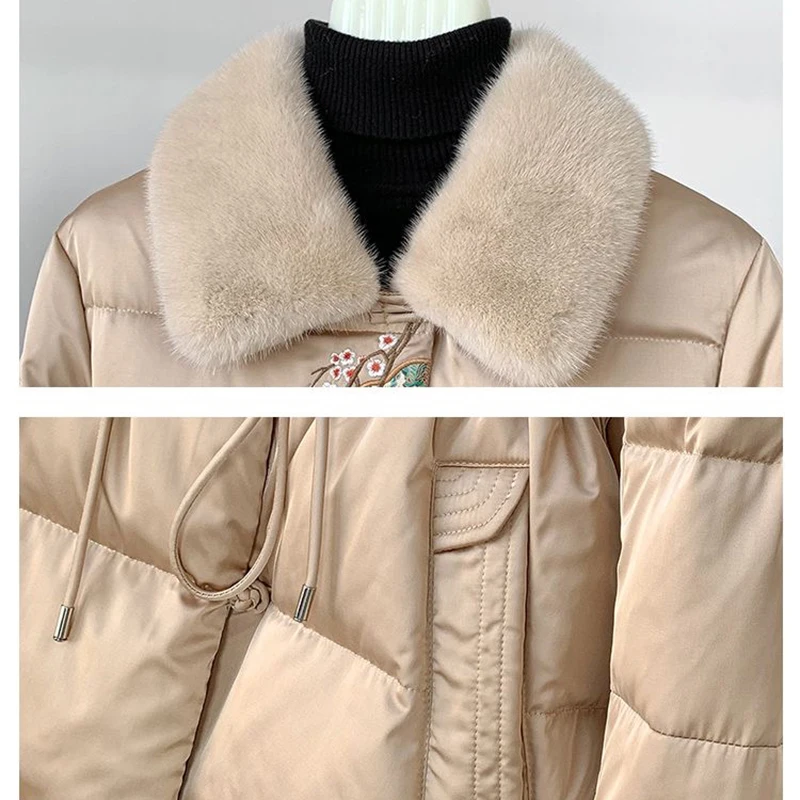 ฤดูหนาวใหม่จีนลงฝ้ายเสื้อผู้หญิง Parkas Mink Fur ปัก Outwear ความยาวกลาง Windproof เอวแจ็คเก็ตหญิง