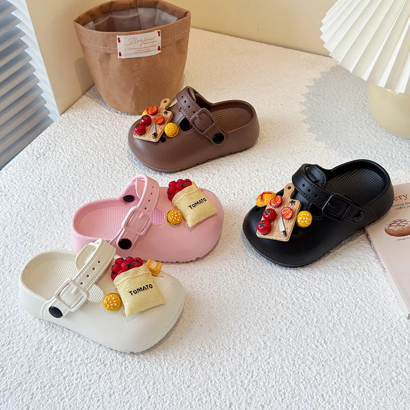 Zuecos de dibujos animados con diseño de hamburguesa y tomate rojo, para niños y niñas, pantuflas de exterior para padres e hijos, antideslizantes, con aumento de altura y punta cerrada.