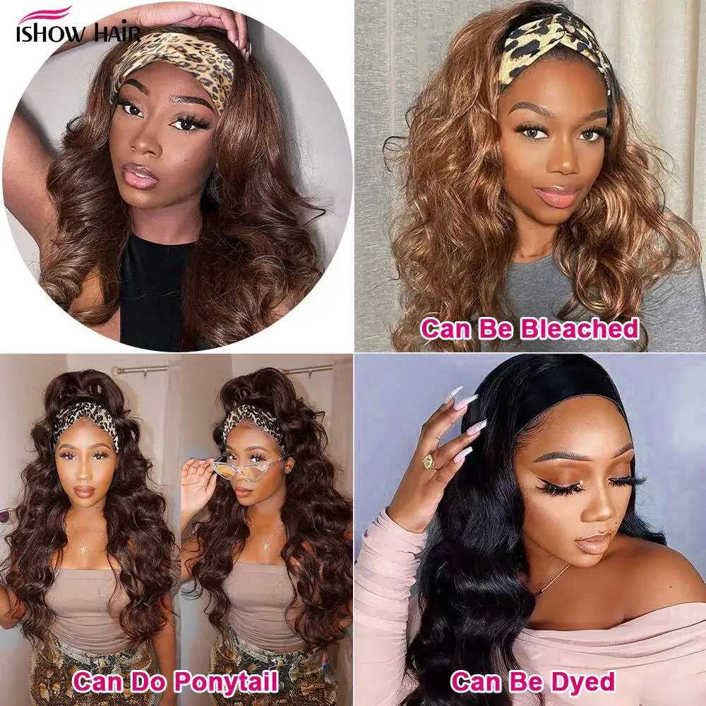 Ishow # 4 براون عقال خصلات الشعر المستعار الإنسان آلة كاملة صنع الباروكات الجسم موجة البرازيلي ريمي 100% وشاح من الشعر البشري شعر مستعار للنساء #5