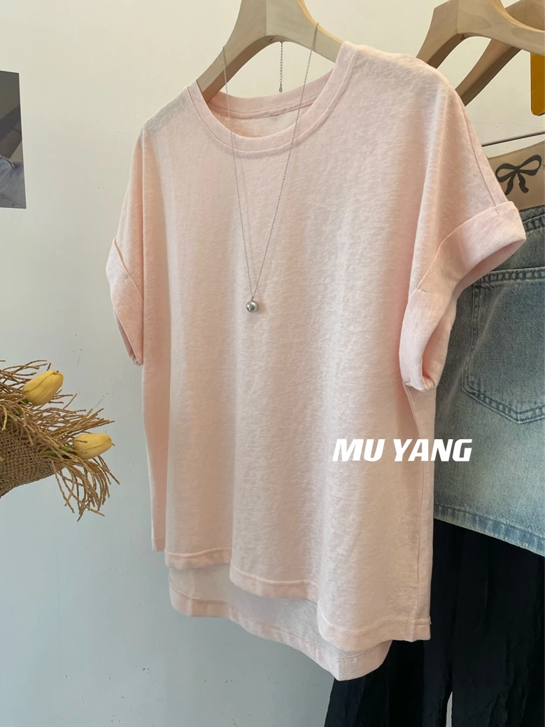

Summer Loose Cotton Linen Short Sleeve T-Shirt Women's Roll up Sleeve Shorter Front Back Top Korean Style Casual Wear