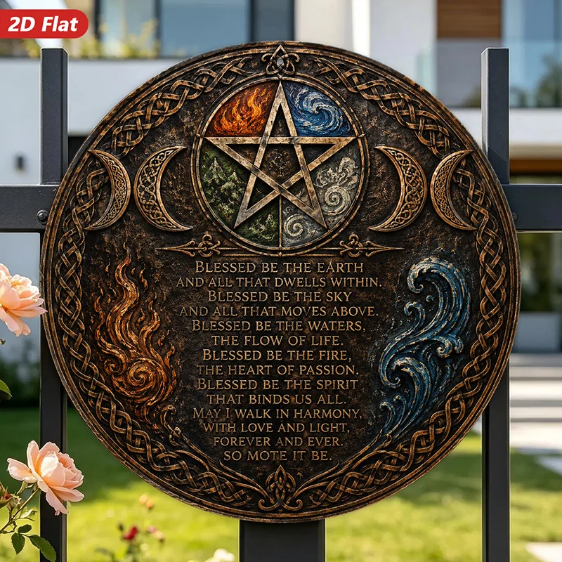 2D Flat, [2D Flat] 2D Flat Print 1pc Round Metal Iron Sign, Elemental Pentacle Blessing Wall Art, Celtic Pentagram Art, Ideal fo