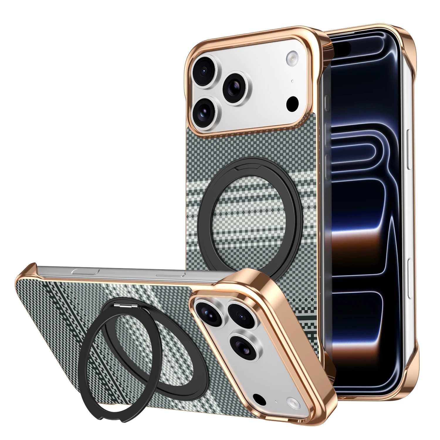 Luxuriöse Carbonfaser-Magnetische Hülle für iPhone 18 Pro Max 17 14 15 16 mit 360° Drehbarem Ringständer und Kabelloser Galvanisierter Stoßfänger-Abdeckung