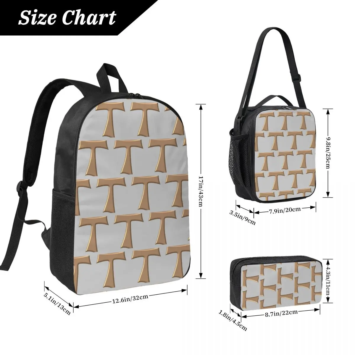 Copper Look Franciscan Tau Cross Backpack Boys Girls BookBag School Bag Laptop Shoulder Bags 3ps Insulated Lunch Bag Pencil Case