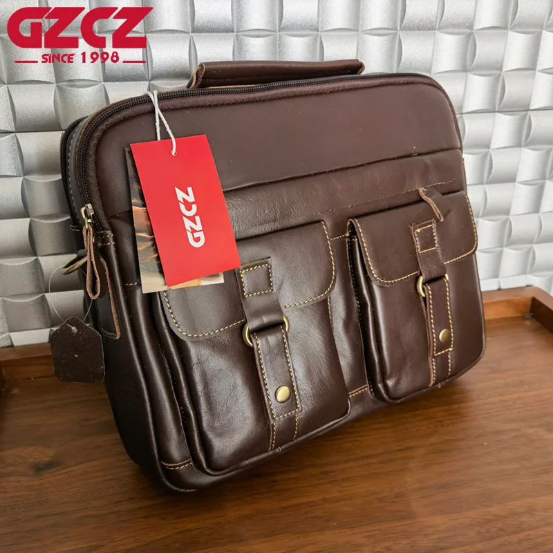 GZCZ Men's Handbag Leisure Business Computer Bag Head Layer Cowhide Horizontal Style Briefcase Shoulder Bag for Work