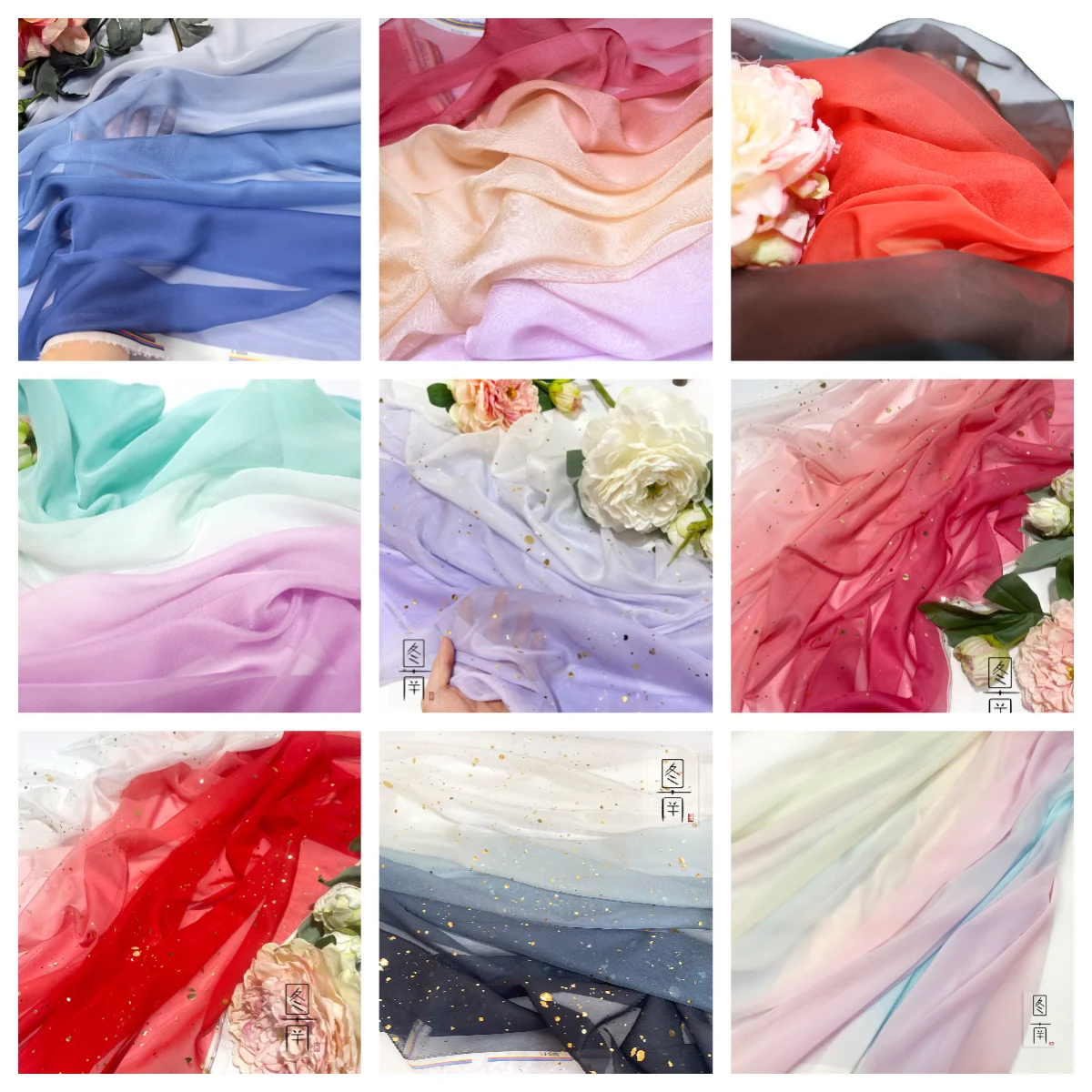 Chinese stlye landscape painting Gradient color Chiffon Printed hanfu fabric for DIY dress 1order=1pc(size:100x150cm) C