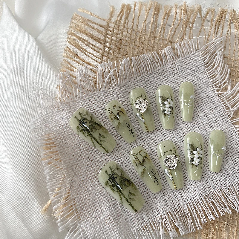 10 أظافر مصنوعة يدويًا على شكل نعش، أظافر صناعية جميلة، أظافر خضراء لانسية على الطراز الصيني، مناسبة للاستخدام للنساء