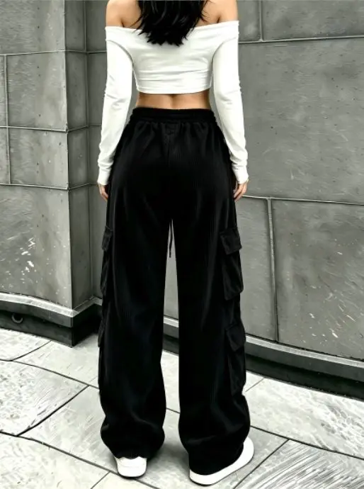 Women's Black Corduroy Cargo Wide Leg Pants High Waist Drawstring Multi Pocket Casual Trousers