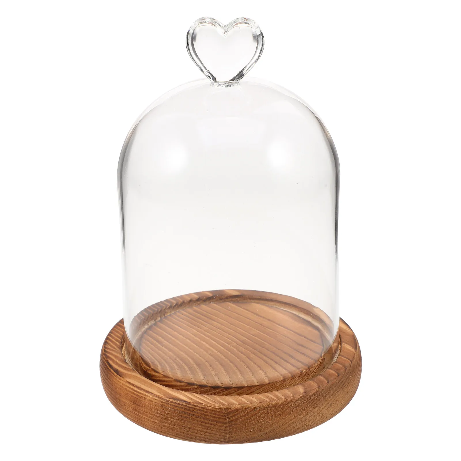 Vintage Heart Glass Dome Display Cloche Preserved Flower Decorative Carbonized Wood Base Soft Built-in Light Dustproof Keepsake