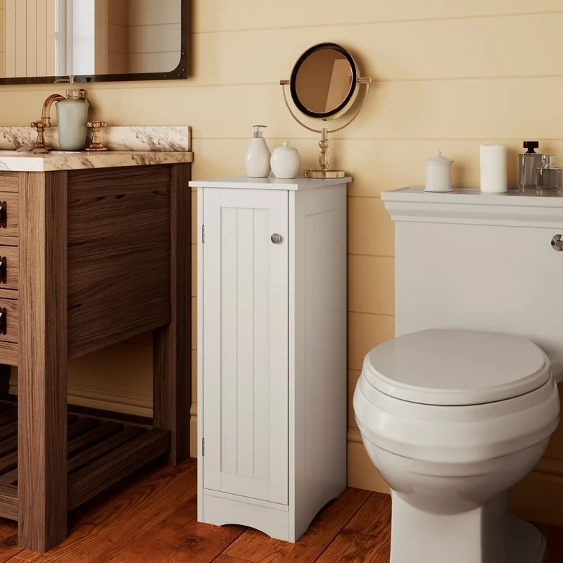 

Single Door Slim Bathroom Storage Cabinet with Adjustable Shelves Freestanding Laundry Organizer Tip-over Restraints Beadboard