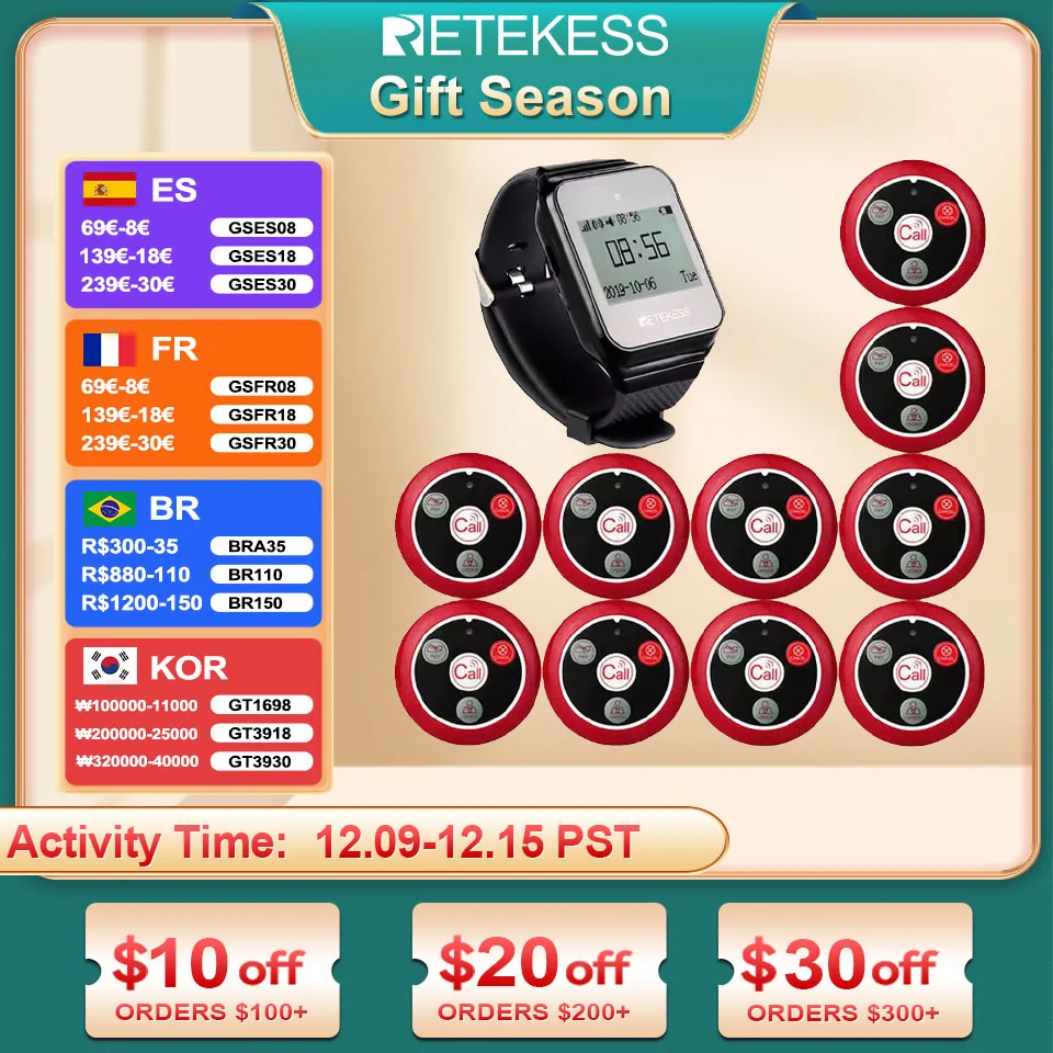 Retekess Wireless Calling System Restaurant Pager TD108 Waterproof Watch Receiver T117 Waiter Call Buttons For Hookah Cafe Bar