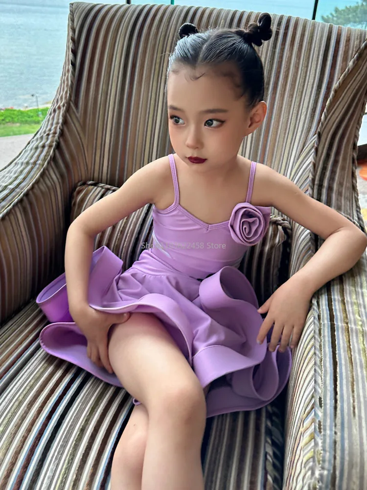 Purple Samba Latin Dance Costume Girls Latin Dance Clothes Kids Competition Rumba Salsa Dance Dress Child Ballroom Tango Dresses