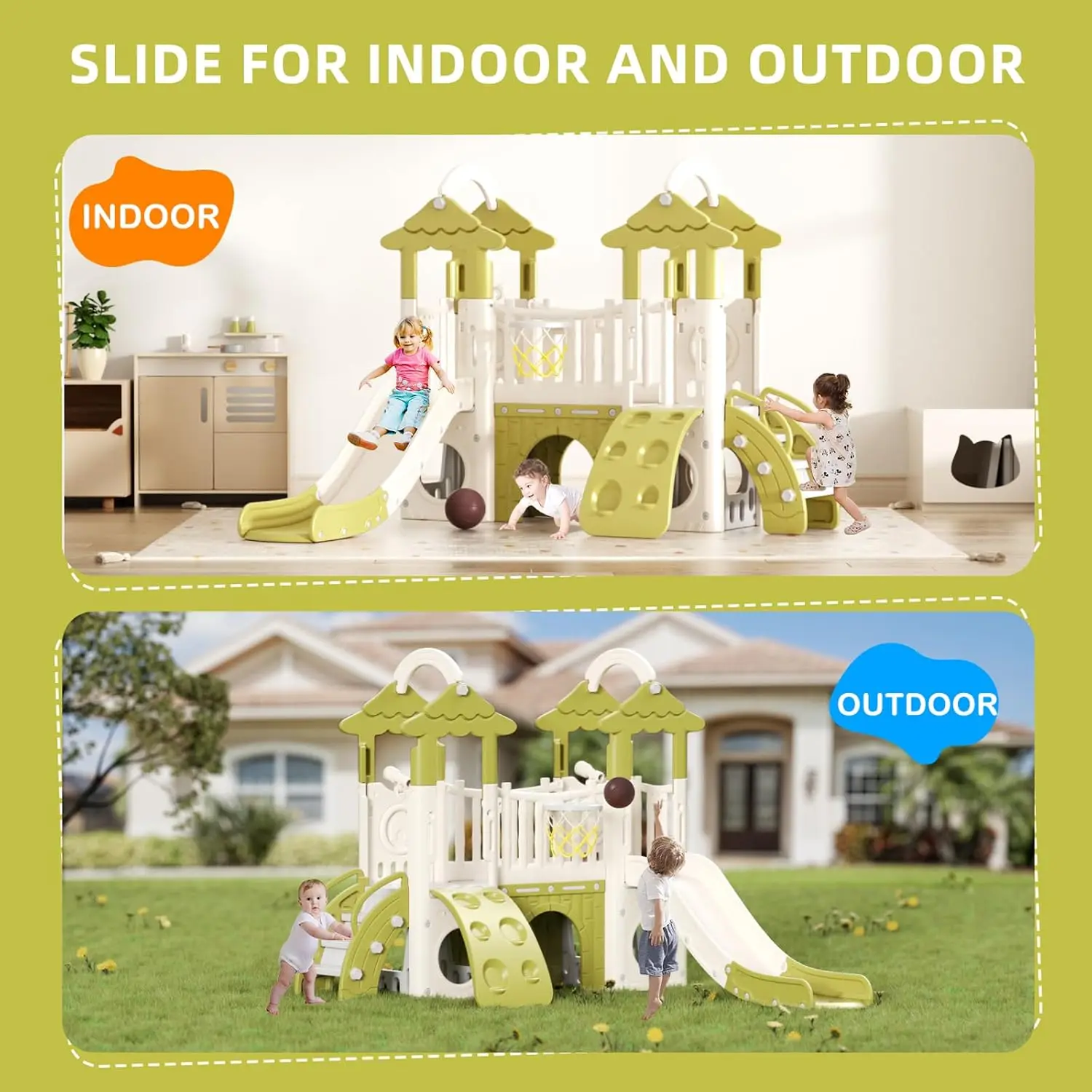 เด็กวัยหัดเดินสไลด์ 9 ใน 1 Jungle Slide Playset กลางแจ้งสําหรับเด็กวัยหัดเดินอายุ 1 + เด็กทารกสนามเด็กเล่นในร่มสําหรับ Backyards พร้อมปีนเขา Wa