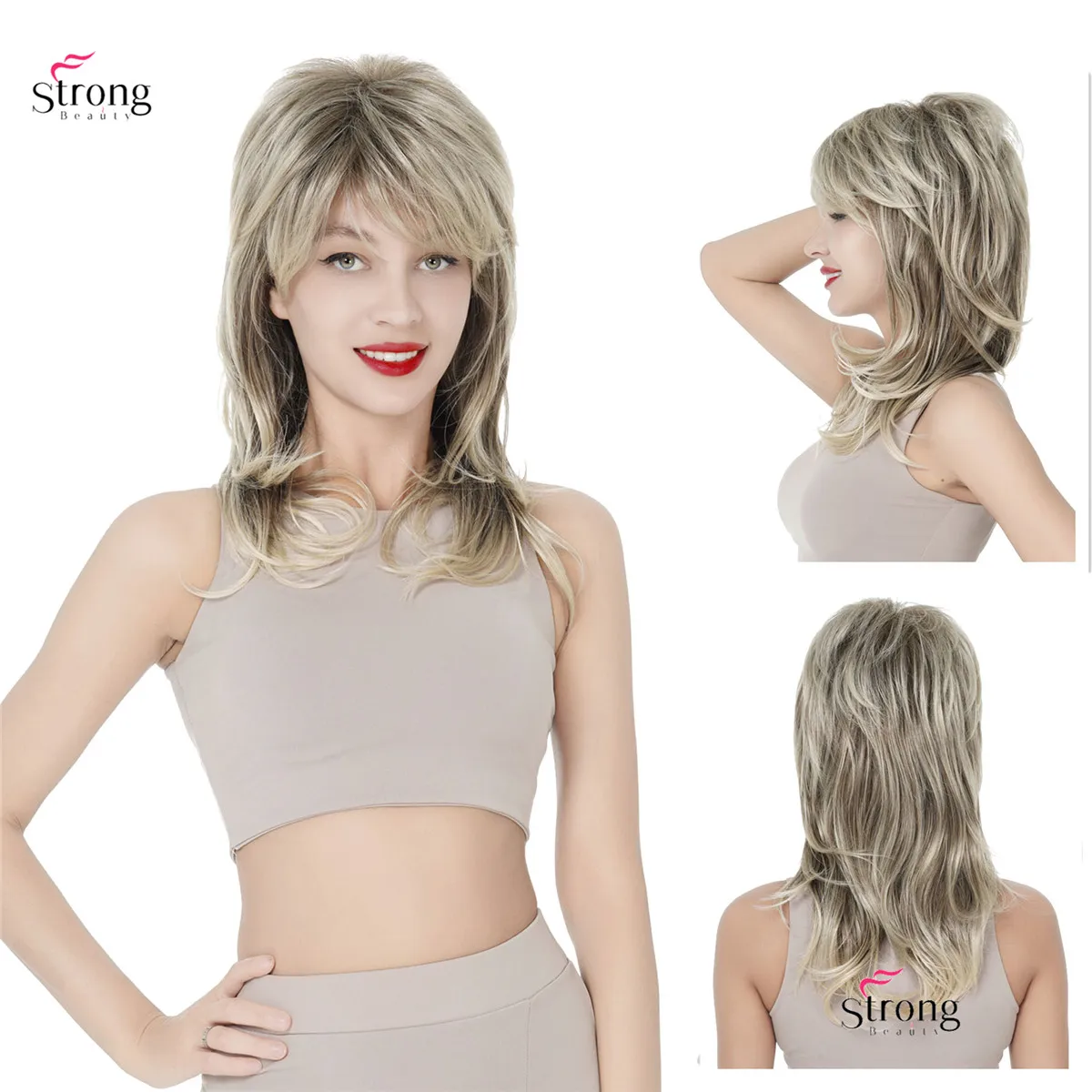 StrongBeauty damespruiken blond/zwart halflang golvend synthetisch haar volledige pruik