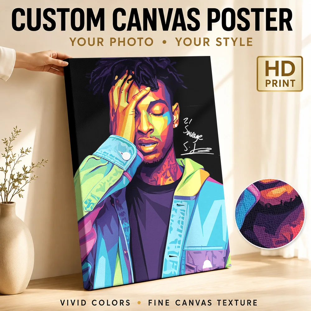21 Savage Portrait Canvas Print Poster Personalized Photo Retro Music Wall Art for Studio Decor Collectible Ready to Hang Gift
