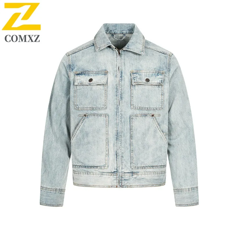 

COMXZ мужские джинсовые куртки высокого качества для путешествий, кемпинга, в стиле ретро, повседневная байкерская куртка для прогулок, тяжелое дизайнерское пальто для походов