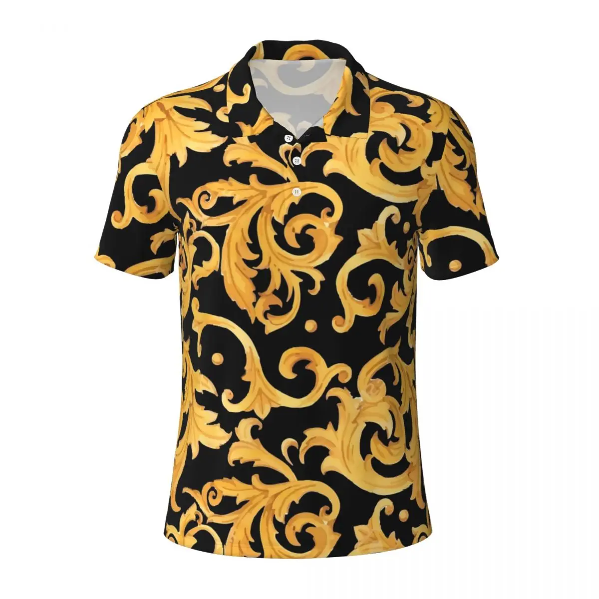 Baroque Print Casual T-Shirts Gold Floral Polo Shirts Turn-Down Collar Vintage Shirt Summer Mens Custom Plus Size 4XL Tops