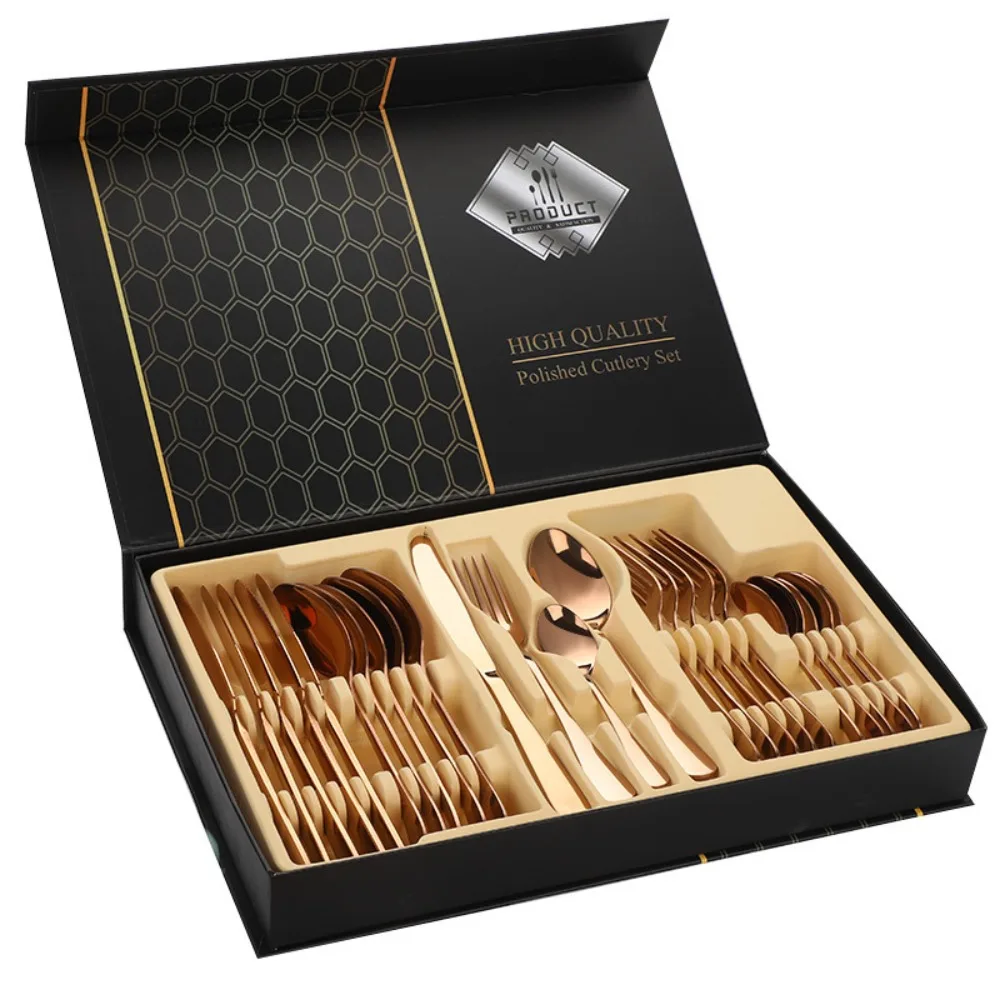 

24 Pcs Food Grade Cutlery Set with Box Light Luxury Minimalist Dinner Spoon Fork Set Portable Decor Stainless Steel Tableware