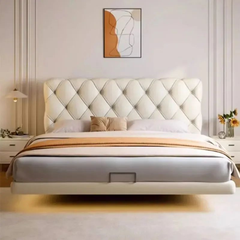 Modern Platform Double Bed Comforter Luxury Beige Bedframe Headboards Queen Bed Bases Full Size Lit 2 Personnes Furniture Home