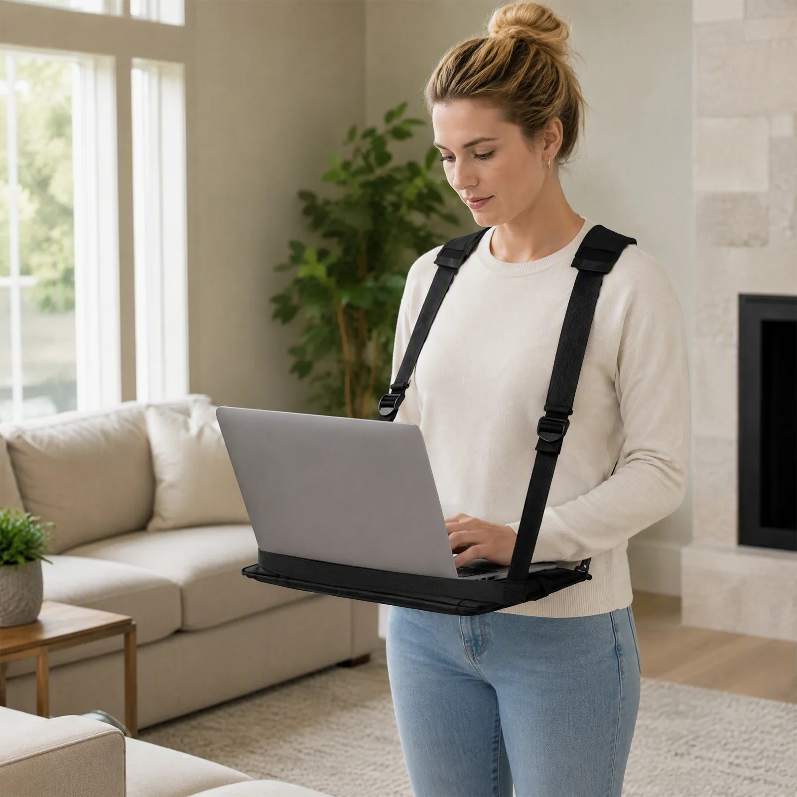 Ergonomic Laptop Shoulder Harness Portable Walking Stand Hands-Free Adjustable Oxford Cloth Tray 16 Inch Laptop