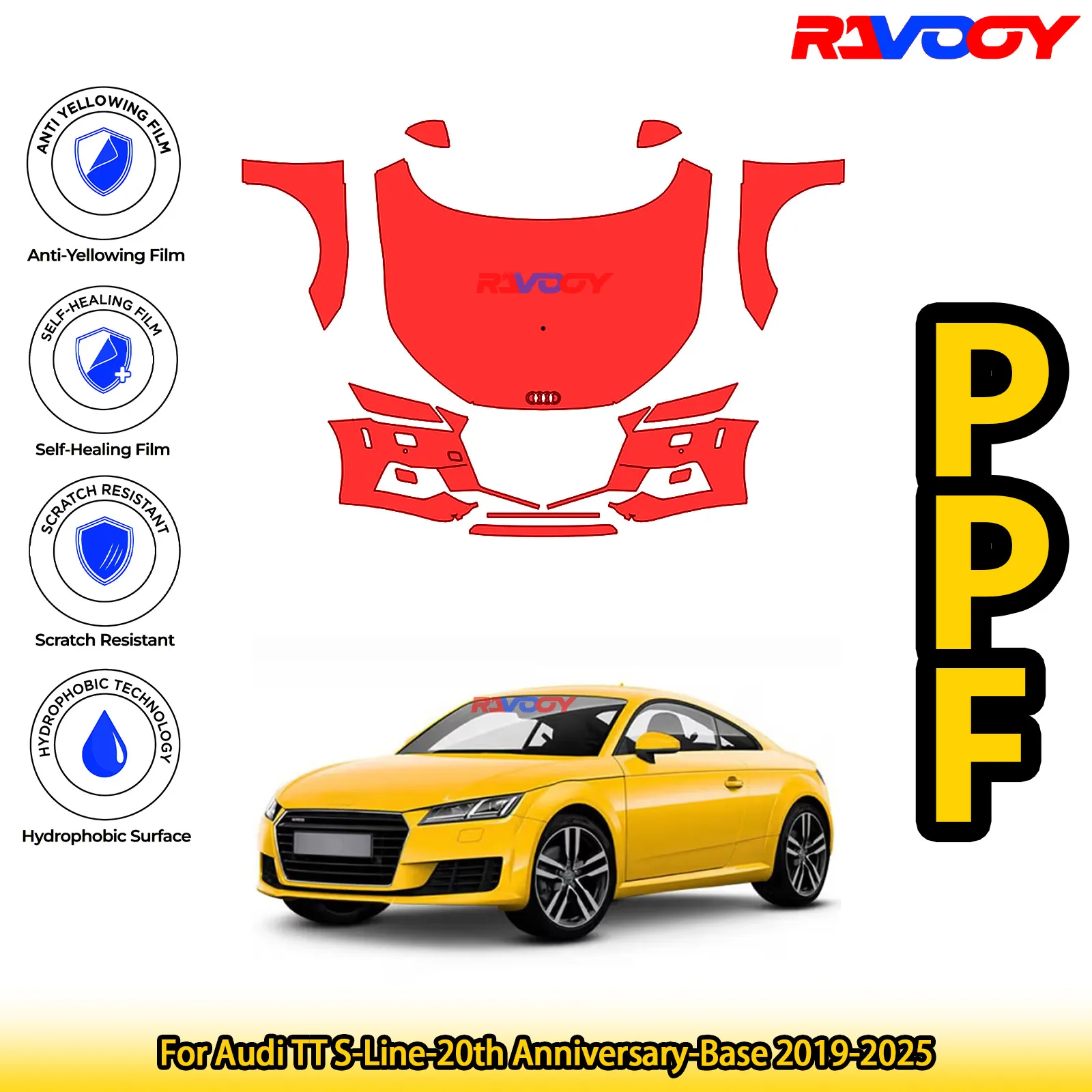 Для Audi TT S-Line-20th Anniversary-Base 2019-2025 глянцевый матовый черный предварительно вырезанный передний комплект PPF защитная пленка для краски Для Audi TT S-Line-20th Anniversary-Base 2019-2025 глянцевый матовый черный предварительно вырезанный передний комплект PPF защитная пленка для краски