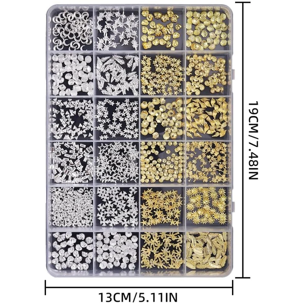 24 Grids/Box Gold Silver Aolly Nail Charms 3D Moon Star Nail Gems Metal Ocean Beach Starfish Seashel Leaf Nail Art DIY Supplies